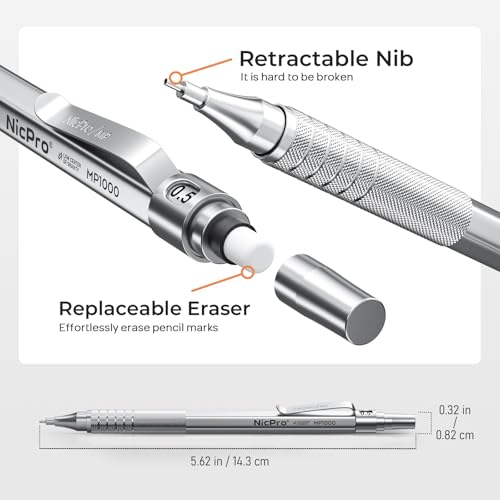 Nicpro Metal Mechanical Pencil Set with Case, 0.5mm Art Pencil, 3 Pack - color: Silver, style: 0.5 MM