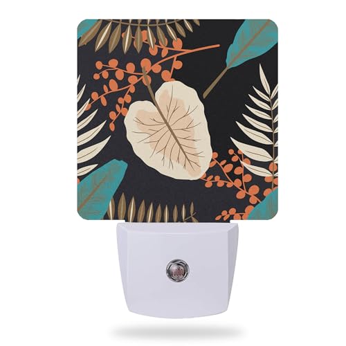 Tropical Leaves Night Light - Plug into Wall, Blue Orange and Black Flowers Night Light with Dusk to Dawn Sensor for Room Decor, Hallway, Kitchen, Bathroom - color: Blue Orange and Black Flowers