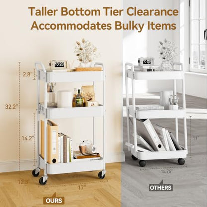 YASONIC 3-Tier Metal Rolling Cart Utility Carts with Wheels White - color: White