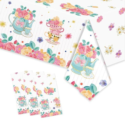 3PCS Teapot Party Floral Tablecloth Fall Floral Plastic Table Covers - color: Teapot