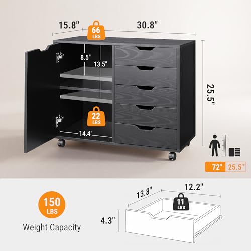 DEVAISE 5-Drawer Wood Drawer Cabinet, Office Storage Cabinet, Black - color: Ebony