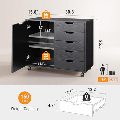 DEVAISE 5-Drawer Wood Drawer Cabinet, Office Storage Cabinet, Black - color: Ebony