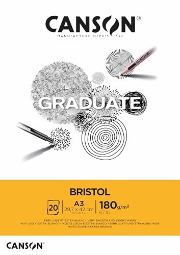CANSON Graduate Bristol 180gsm A3 Paper, Very Smooth, Pad Glued Short Side, 20 Bright White Sheets, Ideal for Student Artists - size: A3