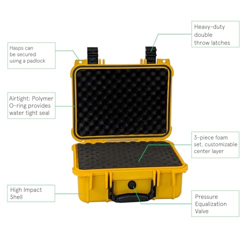 multicomp PRO Yellow Weatherproof Equipment Case, Polypropylene Construction with Foam Insert, 13.5" X 11.5" X 6" (L x W x H