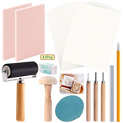 Keadic 41 Pieces Rubber Stamp Making Kit, Includes 2 Rubber Stamps Carving Blocks, 3 Carving Tools & Whetstone, Tracing Papers, Brayer Roller, Block Printing Tools for Stamp Carving and Printmaking
