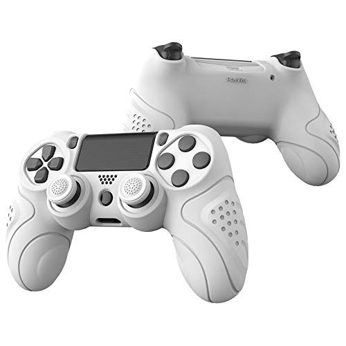 PlayVital Guardian Edition White Ergonomic Soft Anti-Slip Controller Silicone Case Cover for PS4 Slim/Pro, Rubber Protector with White Joystick Caps - color: White