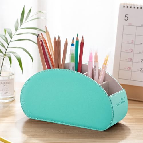 Remote Control Holders Organizer Box with 5 Compartment PU Leather Caddy - color: Cyan, size: S