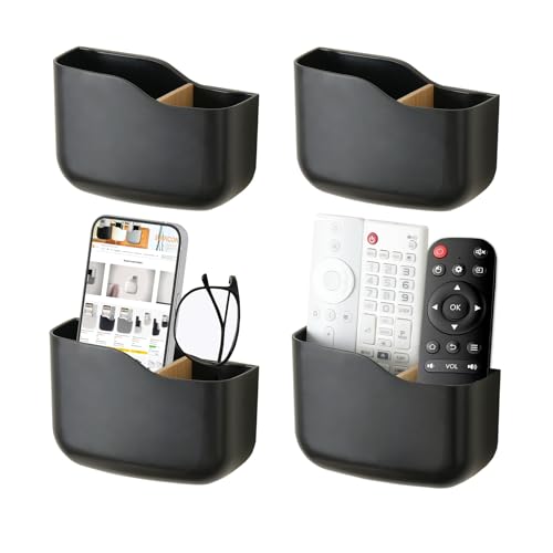 SUNFICON Wall Mount Remote Holder TV FAN Remote Control Holder Bedside Caddy Wall Organizer Phone Holder for Office Adhesive Media Player Controller Holder Box Tray Home Desk Nightstand 4 PACK BLACK - color: 4PACK BLACK