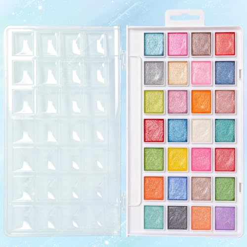 28 Metallic Colors Washable Watercolor Paint Set, with 2 Brushes Pen