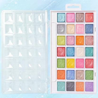 28 Metallic Colors Washable Watercolor Paint Set, with 2 Brushes Pen