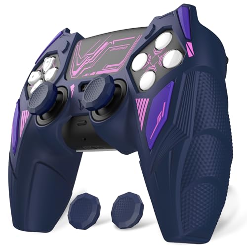 PlayVital Silicone Skin Set for PS5 Controller - Mecha Rhino Design, Anti-Slip Grip Cover Protector Compatible with Charging Dock, with Thumb Grips & Touchpad Sticker - Midnight Blue Purple - color: Midnight Blue & Purple