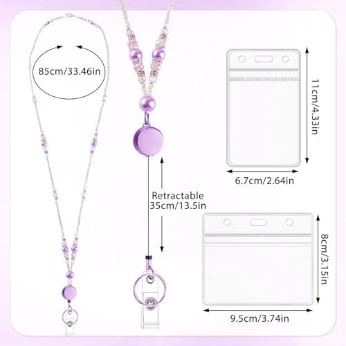 Beaded Teacher Lanyard with Retractable Badge Reel, Purple - color: Purple