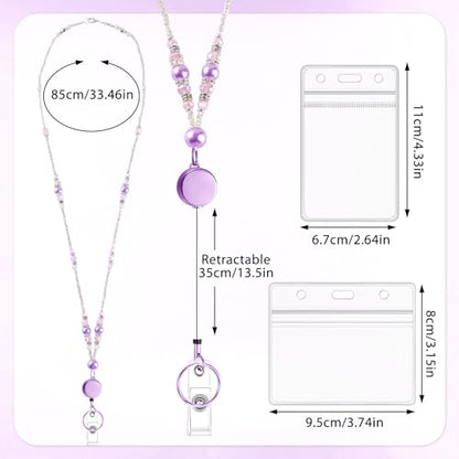 Beaded Teacher Lanyard with Retractable Badge Reel, Purple - color: Purple
