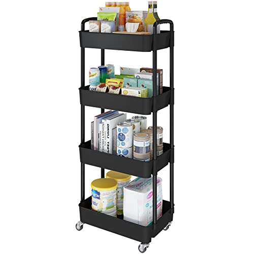 4 Tier Rolling Cart with Wheels, Utility Storage Carts,Black - color: Black, size: 4-Tier