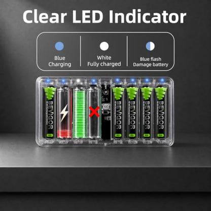 AA AAA Battery Charger for Rechargeable AA AAA Battery, Charger only - size: 8 Bay Charger - transparent