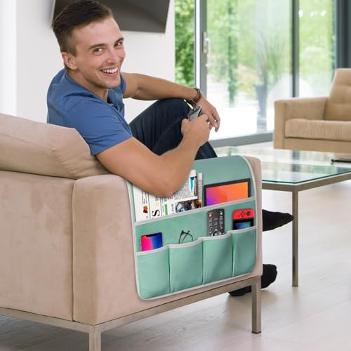 Remote Control Holder for Armchair Caddy, Remote Holder with 5 Pockets - color: MintGreen, size: 35"x18"