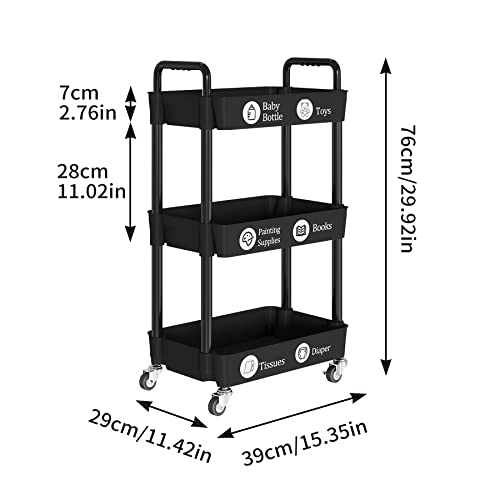 3 Tier Rolling Cart with Wheels, Utility Storage Carts,Black - color: Black, size: 3-Tier