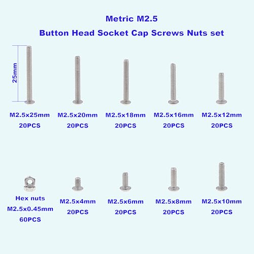 240PCS M2.5 304 Stainless Steel Button Head Socket Cap Screw Nut Kit - size: M2.5