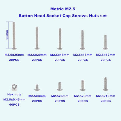 240PCS M2.5 304 Stainless Steel Button Head Socket Cap Screw Nut Kit - size: M2.5