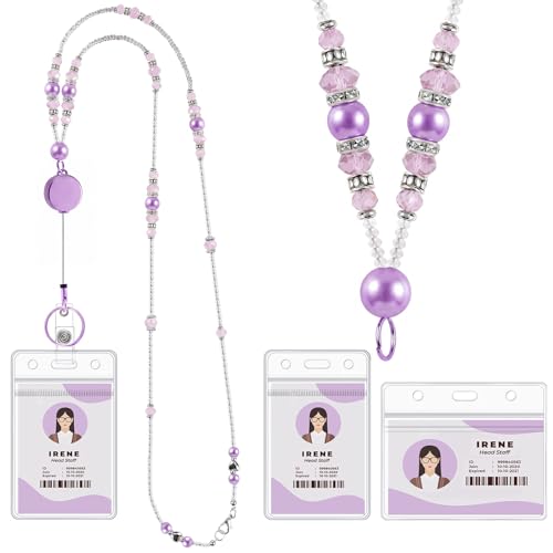 Beaded Teacher Lanyard with Retractable Badge Reel, Purple - color: Purple
