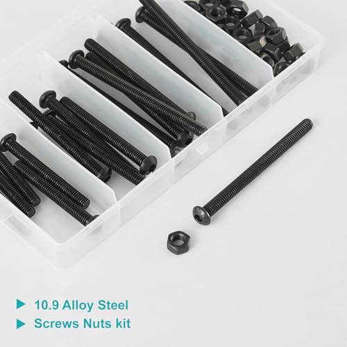 50PCS M6 x 50mm 60mm 70mm 80mm, Button Head Socket Cap Screws Bolts Nuts Kit, 10.9 Grade Alloy Steel, Black Oxide Finish, Metric Allen Hex Drive, Fully Threaded - size: Button M6x50/60/70/80mm