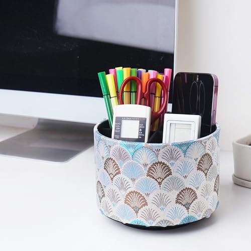Round Leather Art Supply Organizer,Remote Control Holder,360-degree Rotating Pen Organizer with 4 Compartments(1-Peacock White) - color: 1-5Peacock White