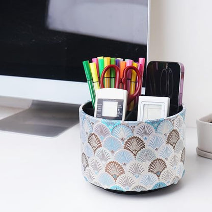 Round Leather Art Supply Organizer,Remote Control Holder,360-degree Rotating Pen Organizer with 4 Compartments(1-Peacock White) - color: 1-5Peacock White