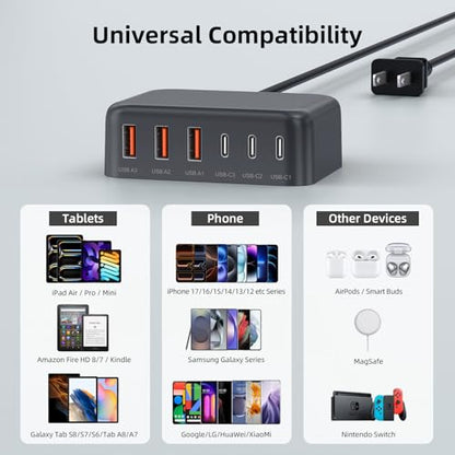 100W 6 in 1 USB Charger, 50% Smaller Charging Station for Multiple Devices - color: F-Grey