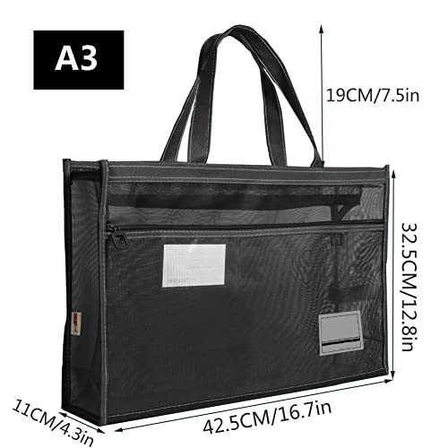 XGOPTS A3 Mesh Art Portfolio Bag with Handle and Zipper Holder for Artwork - color: black