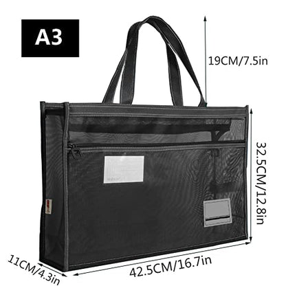 XGOPTS A3 Mesh Art Portfolio Bag with Handle and Zipper Holder for Artwork - color: black