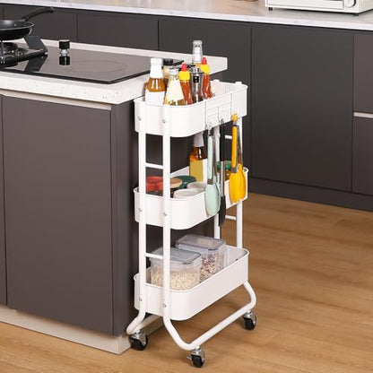 MAX Houser Slim 3-Tier Rolling Utility Cart with Extra Hook, White - color: White, size: 3-Tier Narrow Cart