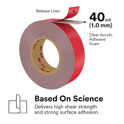 3M 4910 VHB Mounting Tape, Acrylic Foam, Permanent Bonding, Heavy Duty, Clear, 0.5 in x 5 yd, 1 Roll - size: 1 Pack (1 Roll)