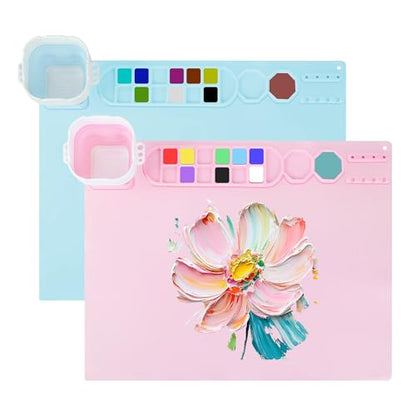 Silicone Painting Mat, Reusable Artist Mat with Spill Proof Cup and Non Stick Fabric Palettes, 16 Color Dividers Craft Mat for Artist Clay DIY and Acrylic Painting(Pink+Blue) - color: Pink+blue