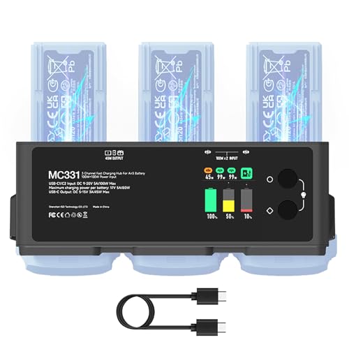 200W DJI Air 3/3S Battery Charging Hub 3-Channel Parallel Fast Charging Dual USB-C Input for DJI Air 3/3S Drone/RC, App Control/Storage/Discharge/LED Display
