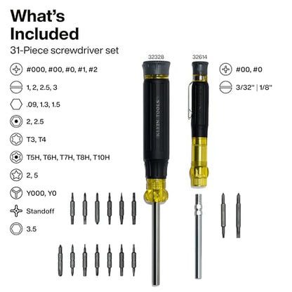 Klein Tools 80209 Precision Multi-Bit Screwdriver Set, 31-Piece, Cushion Grip Handle, Bits for Apple Product Repair, Phillips, Slotted, Hex, and TORX for Electronic Repair - size: 2-Piece Precision Driver Set