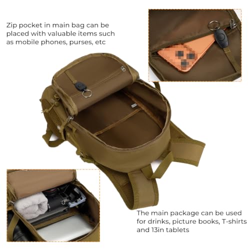 ArcEnCiel 10L/20L Mini X-Small Tactical Backpack MOLLE Daypack Gear Pack Camping Bag with Patch - color: Brown, size: 20L