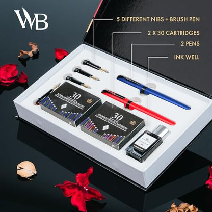 Wordsworth & Black Calligraphy Kit for Beginners, 2 Ink Pens, 5 Nibs, Blue - color: Red and Blue