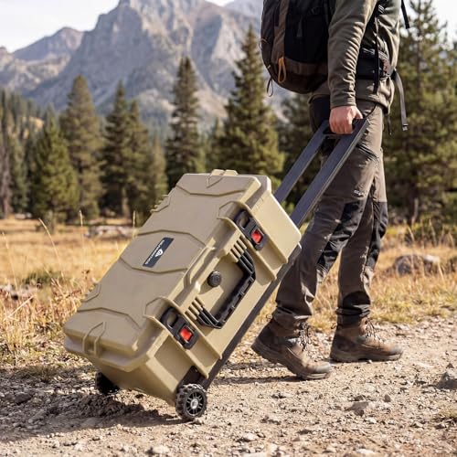 Weatherproof Hard Case, Stackable Trolley Case with Wheels, Hook and Loop Divider & Strap, IP67 Waterproof Box for Camera, Drones and Gear, 21.7" x 13.8" x 8.7", Lignt Coffee - color: Lignt Coffee