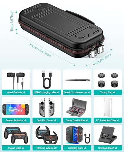 Spican Switch 2 Accessories Bundle 17-in-1, Switch 2 Carrying Case, Joypad Charger, Screen Protectors, Steering Wheel, Joypad Grip & More for Nintendo Switch 2 - size: 17 in 1 Bundle