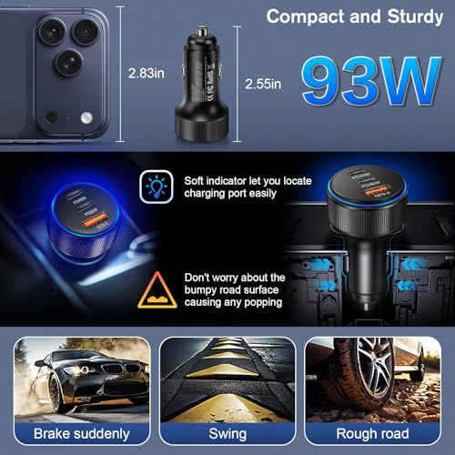 5-Pack USB C Car Charger,93W 3-Port PD3.0 Cigarette Lighter USB Charger - color: 5-Pack Black
