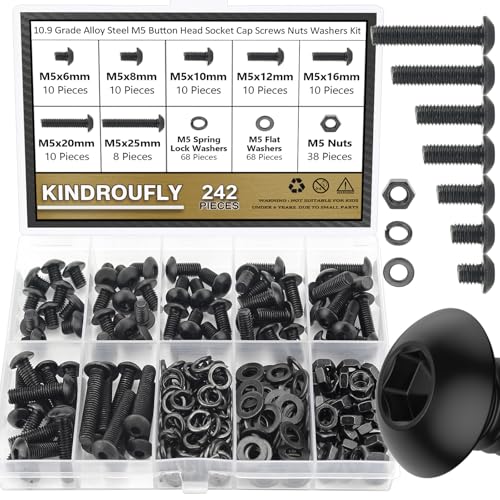 242 Pieces Black M5 x 6/8 /10/12 /16/20 /25mm Button Head Socket Cap Screws Nuts Washers Assortment Kit, 10.9 Grade Alloy Steel - size: M5, style: Button Head