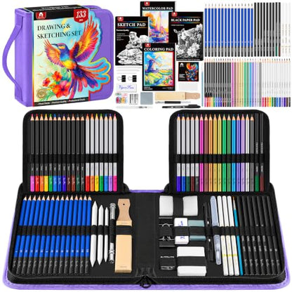 133 PCS Art Supplies Sketching Kit, Pro Drawing Pencils Art Kit Adults Gift - color: Purple, size: 133 Pack
