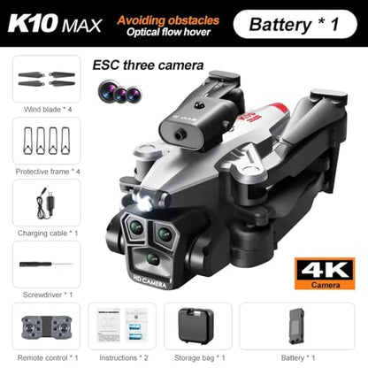 OBABO K10 Max Drone 4K High-Definition Three Camera Optical Flow Positioning Professional Aerial Photography Foldable Quadcopter (Silver) - color: Silver