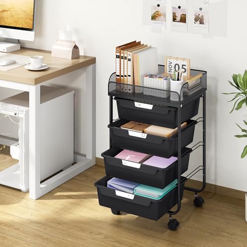 SYKIARIOL 4-Drawer Rolling Storage Cart with Mesh Top,Black - color: Black