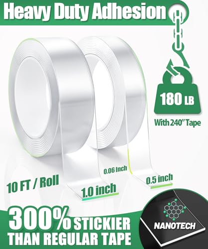 Double Sided Tape Heavy Duty, 2 Rolls 20 Feet, Clear Nano Mounting Tape