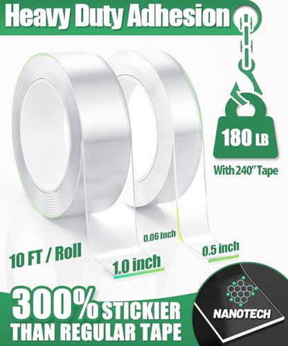 Double Sided Tape Heavy Duty, 2 Rolls 20 Feet, Clear Nano Mounting Tape