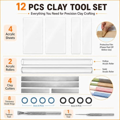 DIYOOHOMY 16pcs Polymer Clay Tools kit, Rolling Pin with Thickness Rings - color: 12 clear