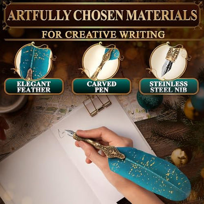 Lagarto Feather Pen and Ink Set, 11.4", 6 Steel Nibs, Inkwell (Turquoise) - color: Turquoise