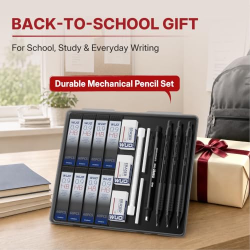 WUO 0.9mm Mechanical Pencil Set, 3 Pack Black Metal Drafting Pencils - color: Black, size: 0.9