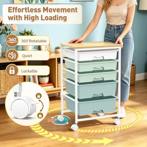 SUNALLY Rolling Carts with 5 Drawers, Storage Drawer Carts for Craft, Green - color: Green
